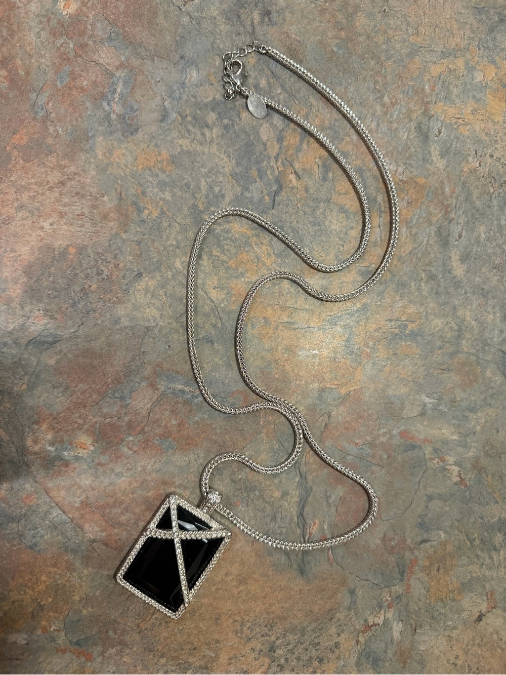 WHBM Silver Necklace with Black Geometric Pendant 36”